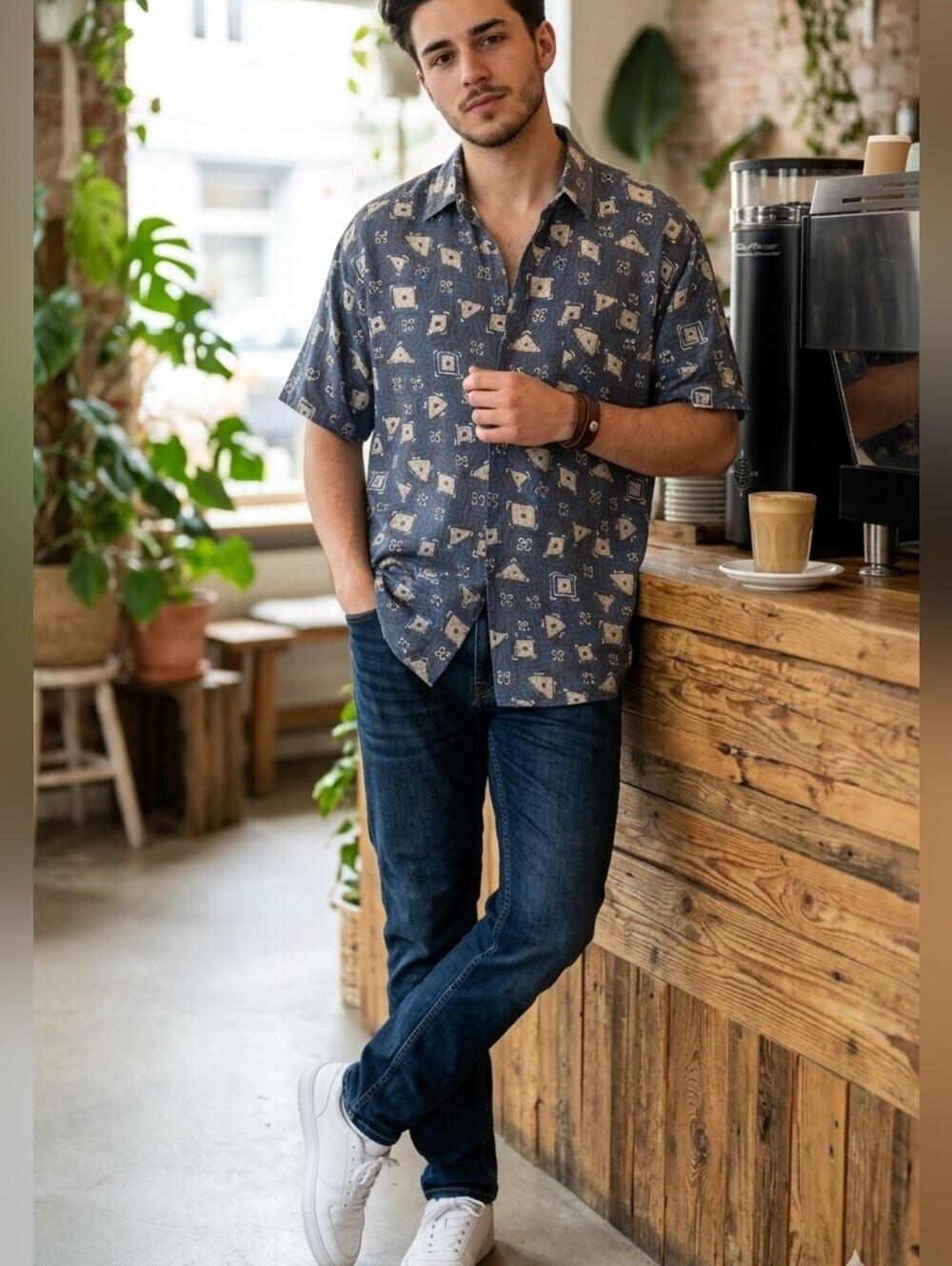 100% Silk Casual Short-Sleeve Button-Down Shirt - Blue Printed